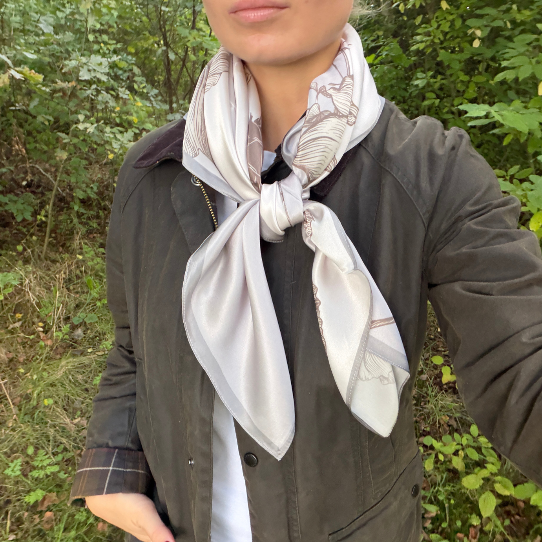 Silk Scarf | Grey Flowers | 90 CM
