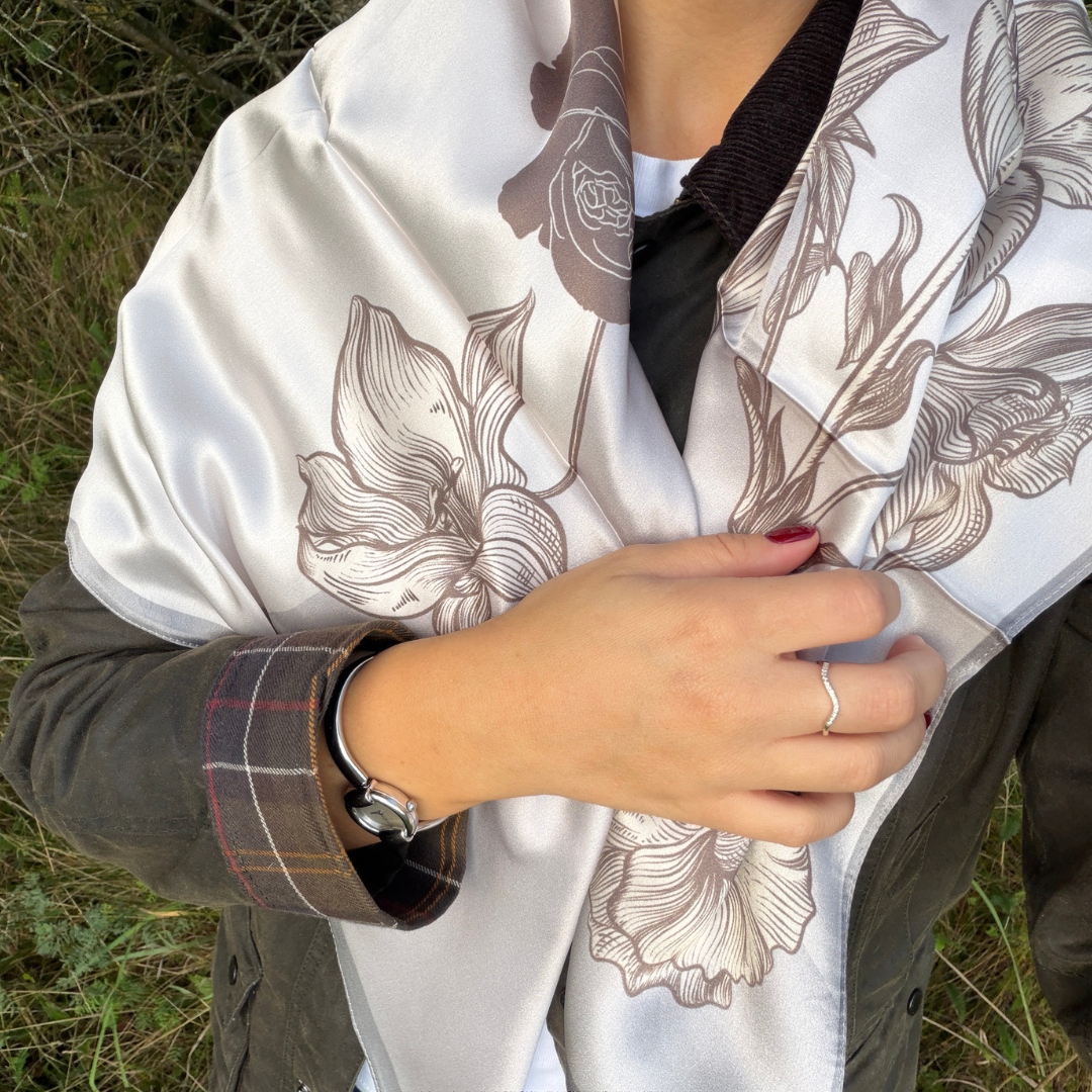 Silk Scarf | Grey Flowers | 90 CM