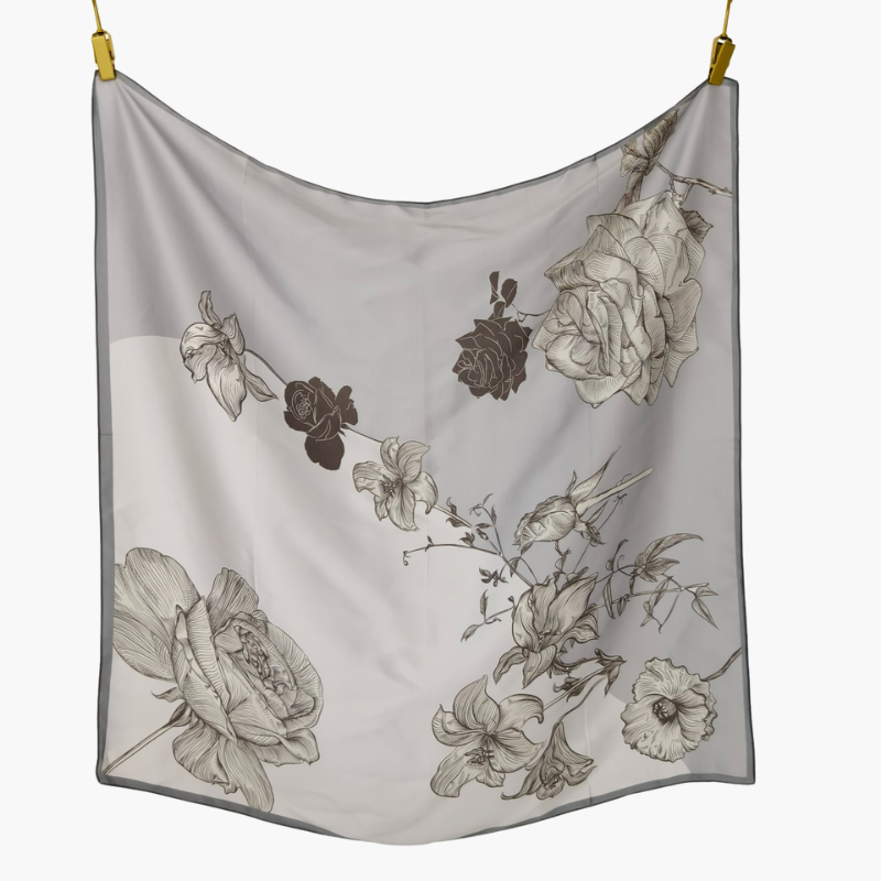 Silk scarf | Grey Flowers | 90 CM