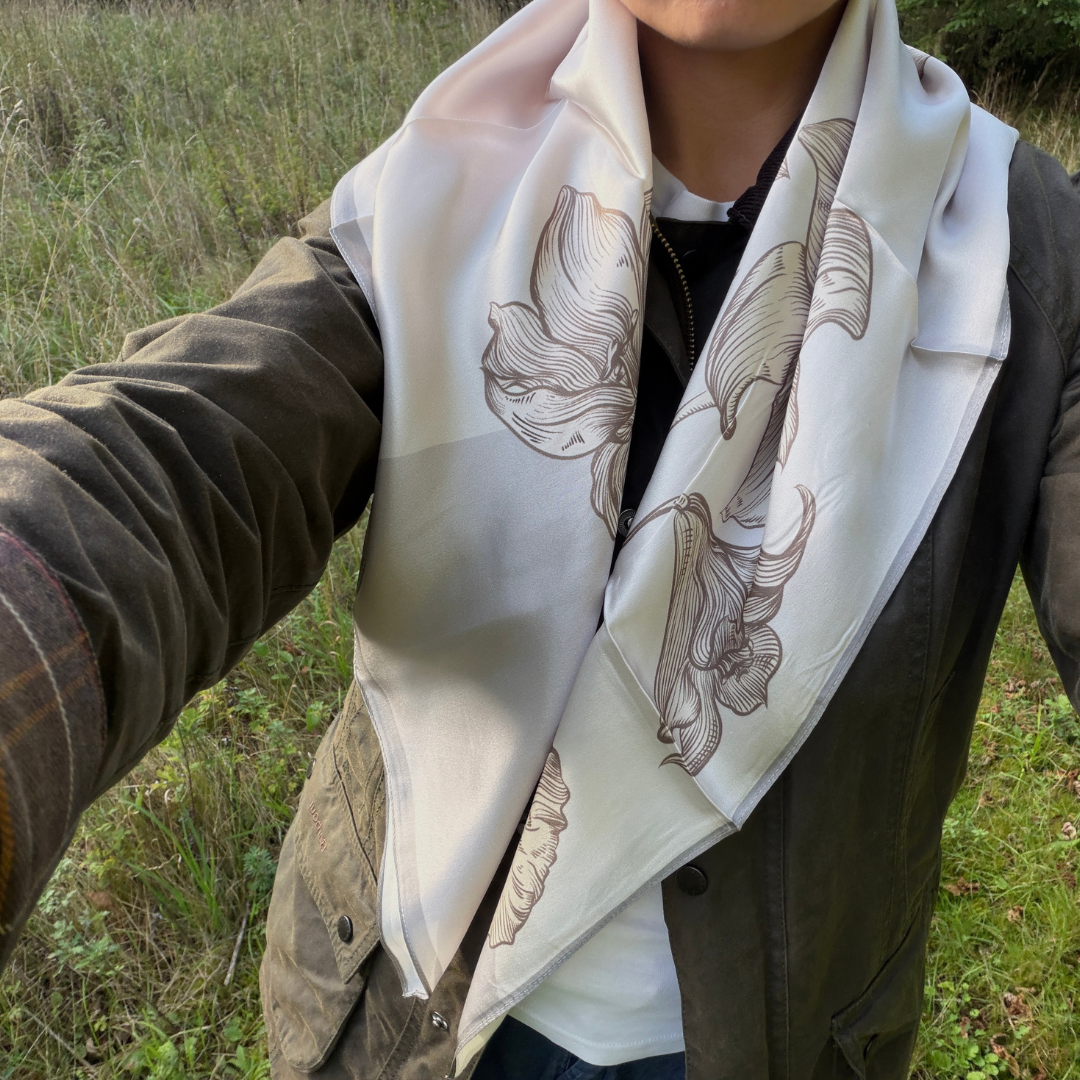 Silk Scarf | Grey Flowers | 90 CM